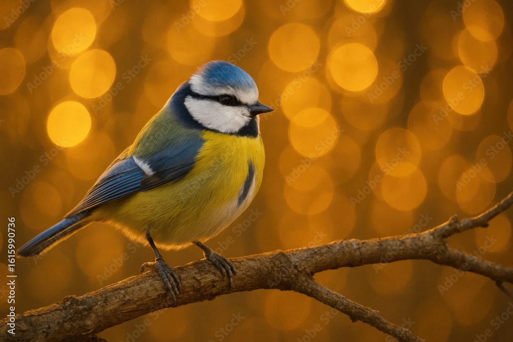 Fototapeta premium A solitary bluebird perches on a branch, its vibrant yellow belly contrasting with the warm hues of an autumnal backdrop