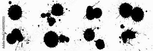 Ink drops and splashes. Different handdrawn spray design elements. Blotter spots, liquid paint drip drop splash and ink splatter. Blobs and spatters