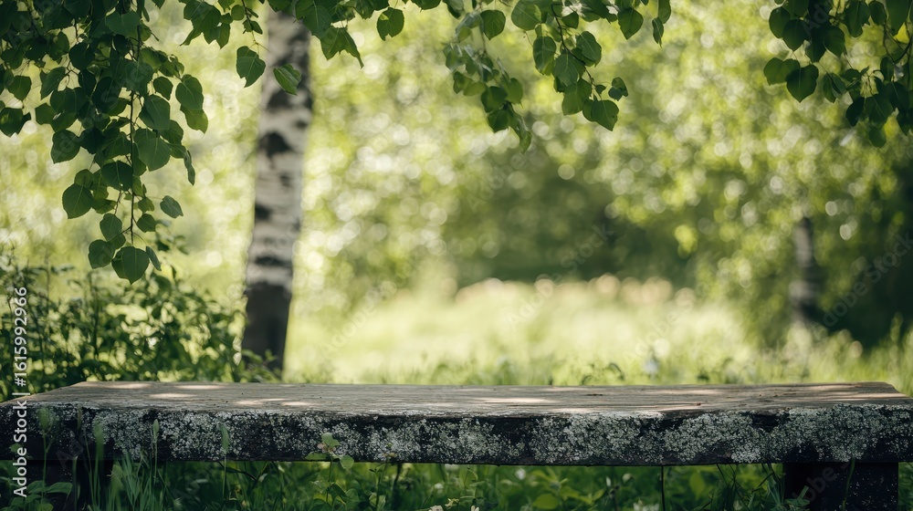 Obraz premium Empty wooden table with sunlight filtering through lush forest trees, Beautiful natural spring background with green