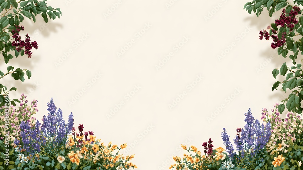 floral pixel art garden frame, on ivory background floral pixel art garden frame, on ivory background