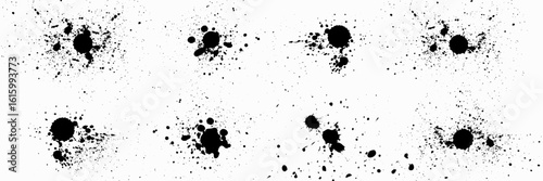 Ink drops and splashes. Different handdrawn spray design elements. Blotter spots, liquid paint drip drop splash and ink splatter. Blobs and spatters