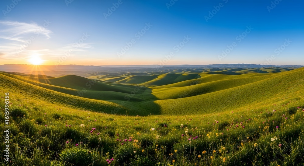 Fototapeta premium Rolling green hills with wildflowers at sunset landscape