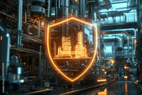 Industrial facility security glowing shield protection digital overlay pipes and machinery