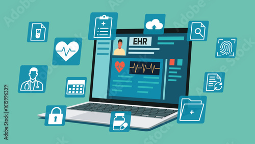 Electronic health record interface on laptop screen in angle position with floating medical icon, vector flat illustration