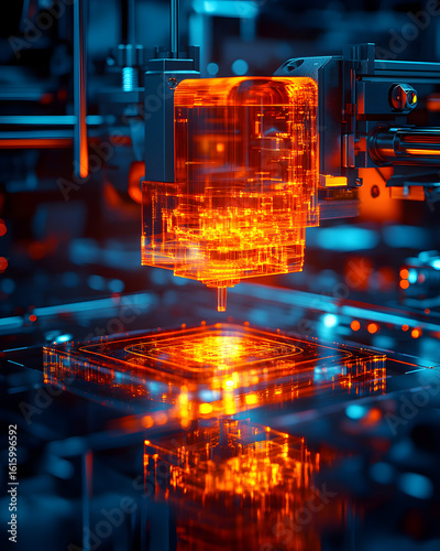 Close-up of an orange translucent object during a manufacturing process. The object is suspended above a complex machinery.