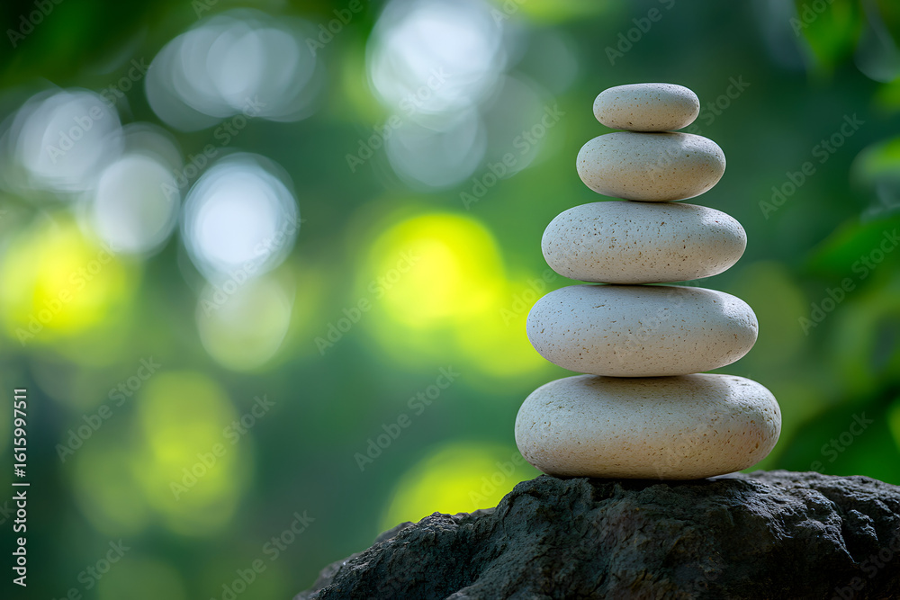 Obraz premium Stack of five smooth, light-grey stones balanced on a dark rock outdoors.