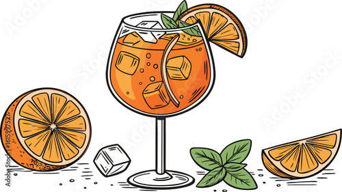 Vibrant orange aperol spritz cocktail with ice cubes against an isolated transparent setting. a detailed vector illustration of a refreshing cocktail in a large stemmed glass.