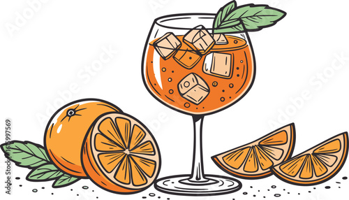 Vibrant orange aperol spritz cocktail with ice cubes against an isolated transparent setting. a detailed vector illustration of a refreshing cocktail in a large stemmed glass.