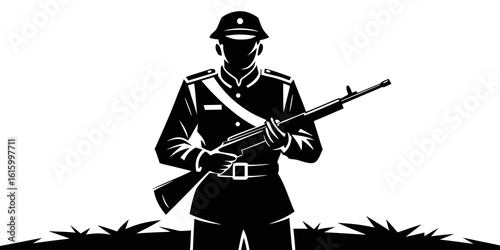 Here are a few options, choose the one that best fits your needs:

Cartoon vector illustration of a cowboy soldier with a rifle in silhouette

Black silhouette illustration of a person in a military h