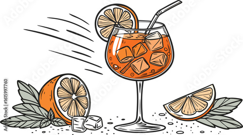 Vibrant orange aperol spritz cocktail with ice cubes against an isolated transparent setting. a detailed vector illustration of a refreshing cocktail in a large stemmed glass.