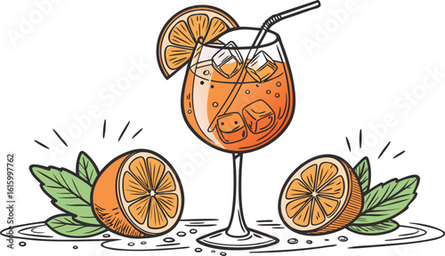 Vibrant orange aperol spritz cocktail with ice cubes against an isolated transparent setting. a detailed vector illustration of a refreshing cocktail in a large stemmed glass.