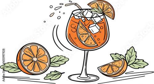 Vibrant orange aperol spritz cocktail with ice cubes against an isolated transparent setting. a detailed vector illustration of a refreshing cocktail in a large stemmed glass.