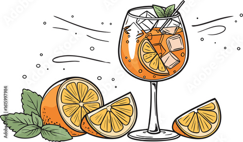 Vibrant orange aperol spritz cocktail with ice cubes against an isolated transparent setting. a detailed vector illustration of a refreshing cocktail in a large stemmed glass.