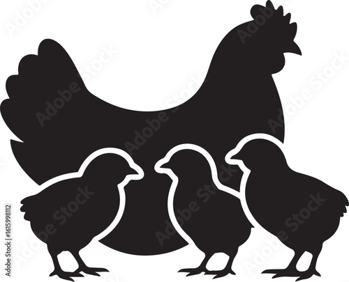 Black silhouette of a hen with three chicks chicken bird