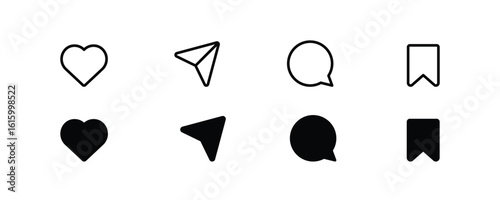 Minimalist Social Media Icon Set: Like, Comment, Share, Save Buttons for App, Messaging, and Web Interface