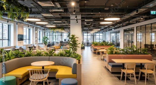A modern, open-plan office space with comfortable seating areas, abundant natural light, and lush greenery creating a welcoming and productive work environment.