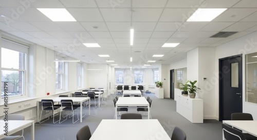 Bright, modern, and spacious study or co-working area with multiple tables and chairs, illuminated by overhead lighting and natural light from large windows.