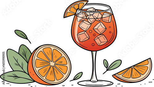 Vibrant orange aperol spritz cocktail with ice cubes against an isolated transparent setting. a detailed vector illustration of a refreshing cocktail in a large stemmed glass.