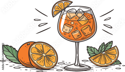 Vibrant orange aperol spritz cocktail with ice cubes against an isolated transparent setting. a detailed vector illustration of a refreshing cocktail in a large stemmed glass.