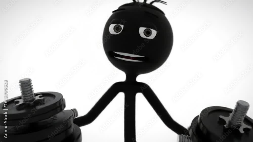 A cartoon stick figure looks overwhelmed while lifting heavy weights with visible bolts on a white background.
