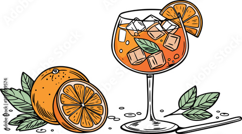 Vibrant orange aperol spritz cocktail with ice cubes against an isolated transparent setting. a detailed vector illustration of a refreshing cocktail in a large stemmed glass.