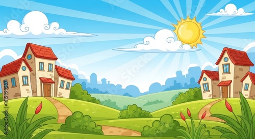 Sunny day in a charming cartoon village with rolling green hills, picturesque houses, and a bright sun shining through fluffy clouds.