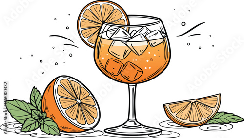 Vibrant orange aperol spritz cocktail with ice cubes against an isolated transparent setting. a detailed vector illustration of a refreshing cocktail in a large stemmed glass.