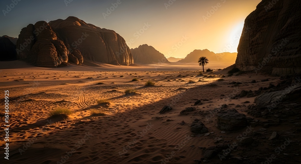 Fototapeta premium Desert Landscape With Palm Tree At Sunset sand dunes