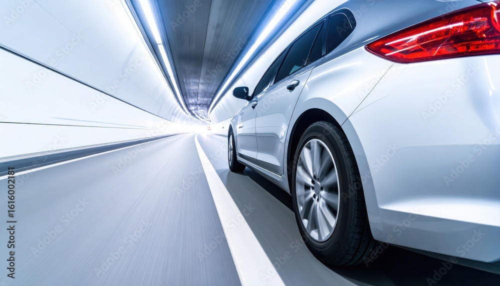 Fototapeta premium Silver car driving quickly through a tunnel on a bright day