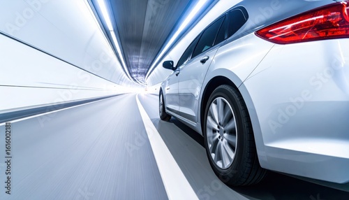 Silver car driving quickly through a tunnel on a bright day