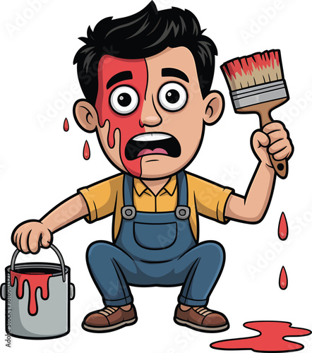 Cartoon Painter Covered in Red Paint with a Surprised Expression and Paint Bucket Illustration