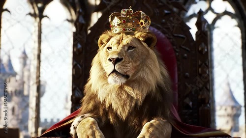 Lion King on Throne Regal Lion Adorned with Crown