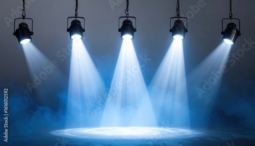 Five stage lights shine on empty platform with fog at night
