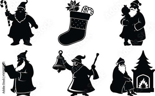 Vector art of collection of six black and white silhouette illustrations of santa claus in various festive poses, isolated on transparent background