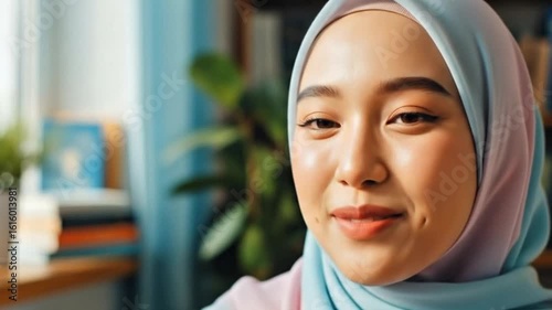 Close-up portrait of a young woman wearing a light-blue hijab, smiling gently.