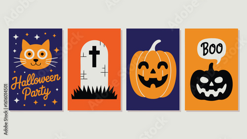 Set of Spooky Halloween Art Prints Cartoon Cat, Tombstone, Smiling Pumpkin, Boo Design
