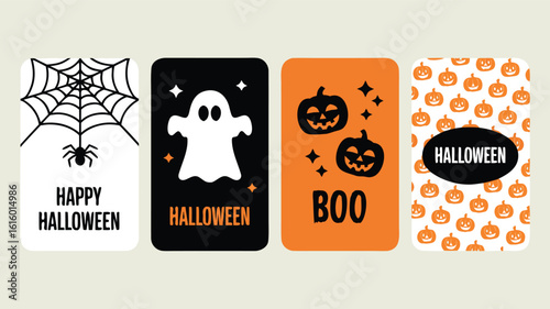 Four Halloween Cards Featuring Spiderweb, Ghost, Pumpkins, and Boo, Perfect for Spooky Season Greetings