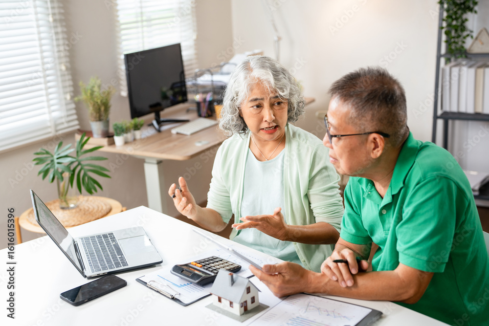 Fototapeta premium Retirement, senior couple and ecommerce on laptop for home purchase finance decision together. Happy married people with financial choice for online shopping payment with wireless technology.