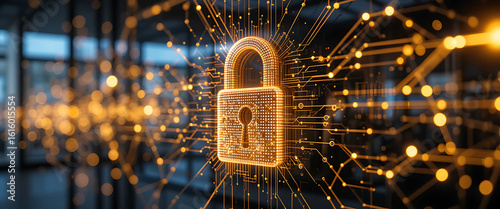 Abstract pop up cyber protection 3d digital lock which created by millions of tiny glowing particles connected by glowing lines, golden gradient blending colors, glowing blue and green lines around th