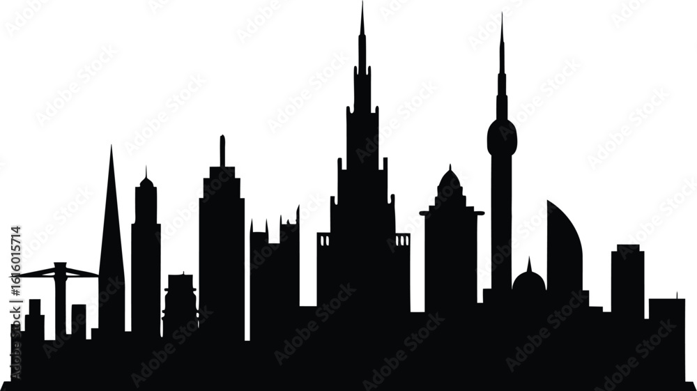 Fotografie Dubai skyline  black silhouette vector illustration,Dubai skyline