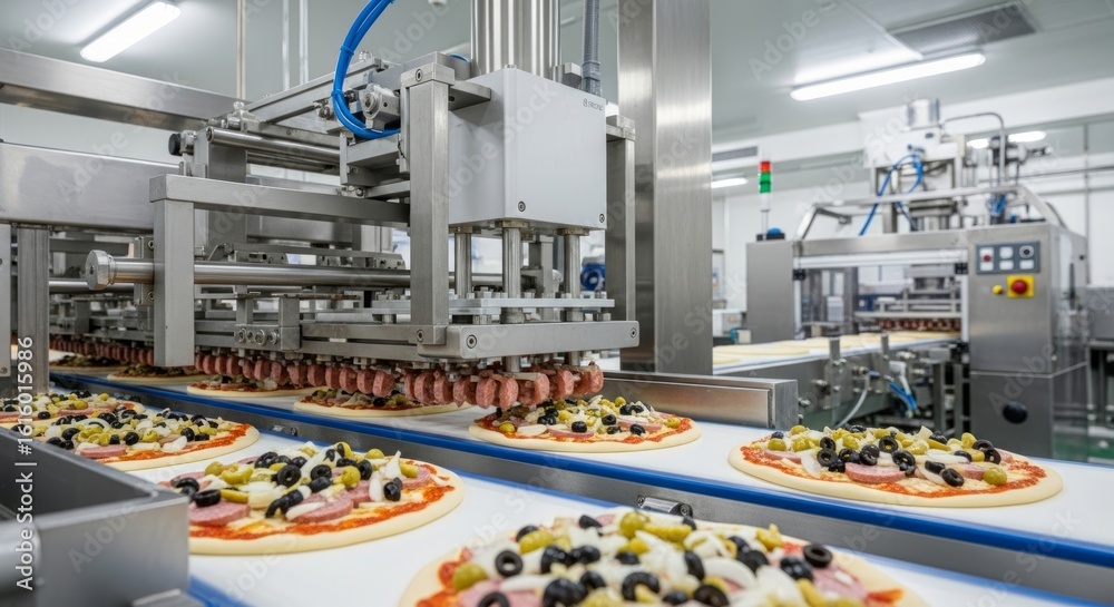 Naklejka premium Automated industrial machinery precisely places toppings onto uncooked pizzas moving along a conveyor belt in a modern food processing facility.