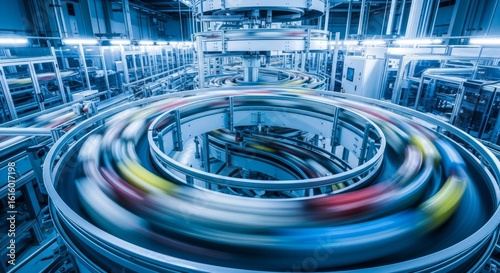 A high-tech automated factory assembly line with circular conveyor belts moving colorful products at high speed, illuminated by cool blue industrial lighting.