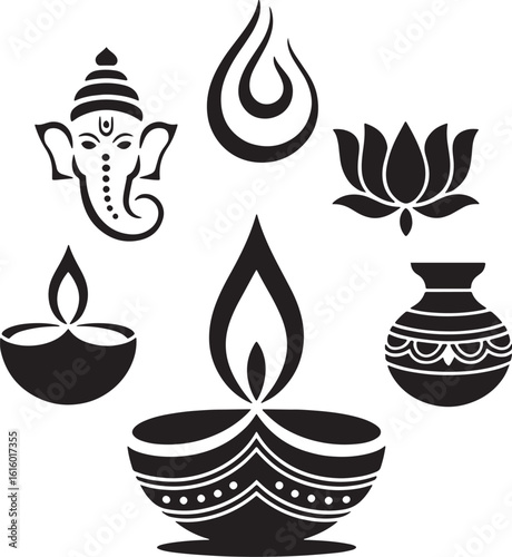 Multi-Faith Festival Icon Set – Islamic, Hindu, Buddhist Line Art Vector