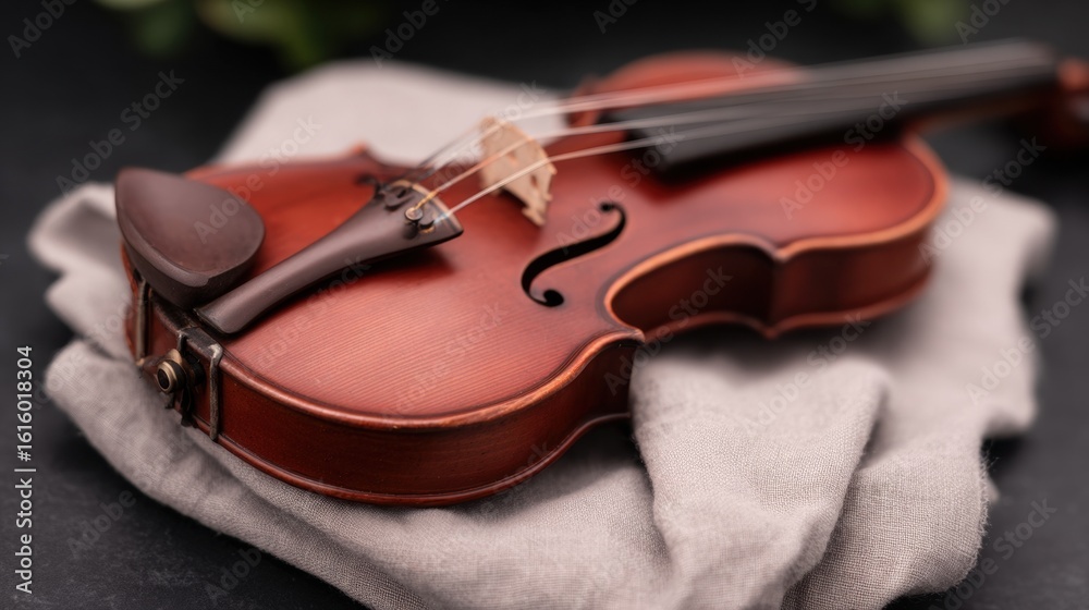 Obraz premium Wooden violin resting on a folded light grey linen cloth shows the instrument's scroll and body with a dark background