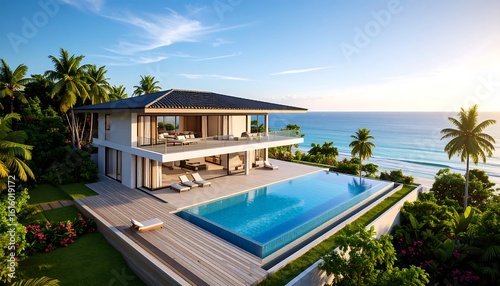 Modern Villa with Infinity Pool Overlooking Tropical Beach and Ocean View