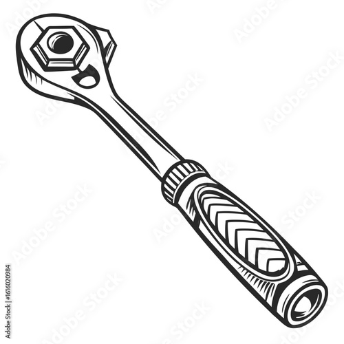 Ratchet wrench with nut silhouette isolated on white background