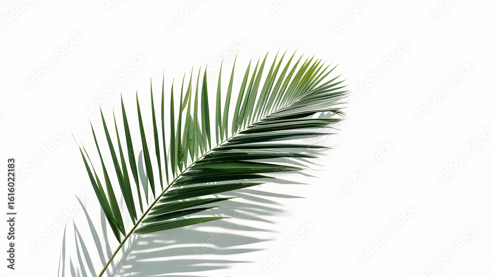 Fototapeta premium A fresh green palm leaf with detailed shadow and white background for minimalist design