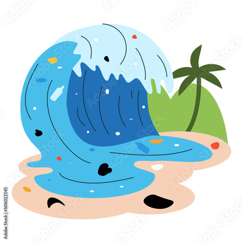 A colossal blue ocean wave dramatically breaks burdened by a horrifying accumulation of plastic bottles oil slicks and varied trash a striking symbol of widespread marine pollution
