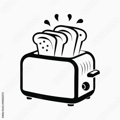 Black and white illustration of a toaster with sliced bread for breakfast or food.