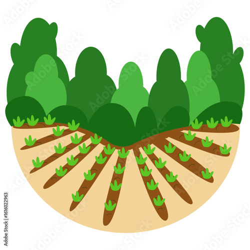 peaceful rural tableau unfolds with orderly rows of tender green sprouts reaching skyward from rich brown earth framed by a vibrant wall of diverse emerald trees hinting at nature's